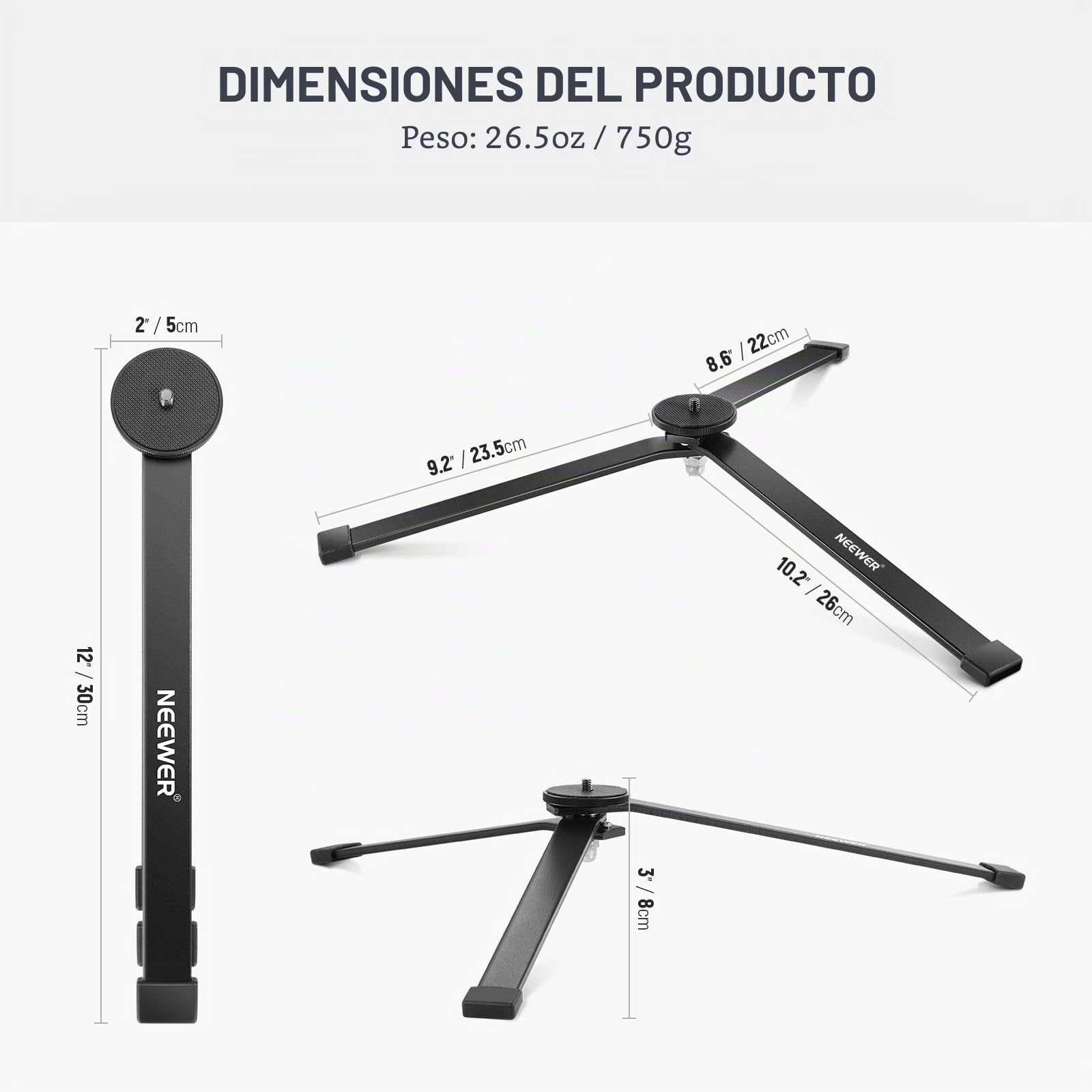 NEEWER Mini Base de trípode de metal para tubo luminoso TL120C TL60 CL124, patas portátil plegable extra estable, soporte de iluminación de mesa, tornillo de 1/4", almohadilla de silicona, ángulo bajo