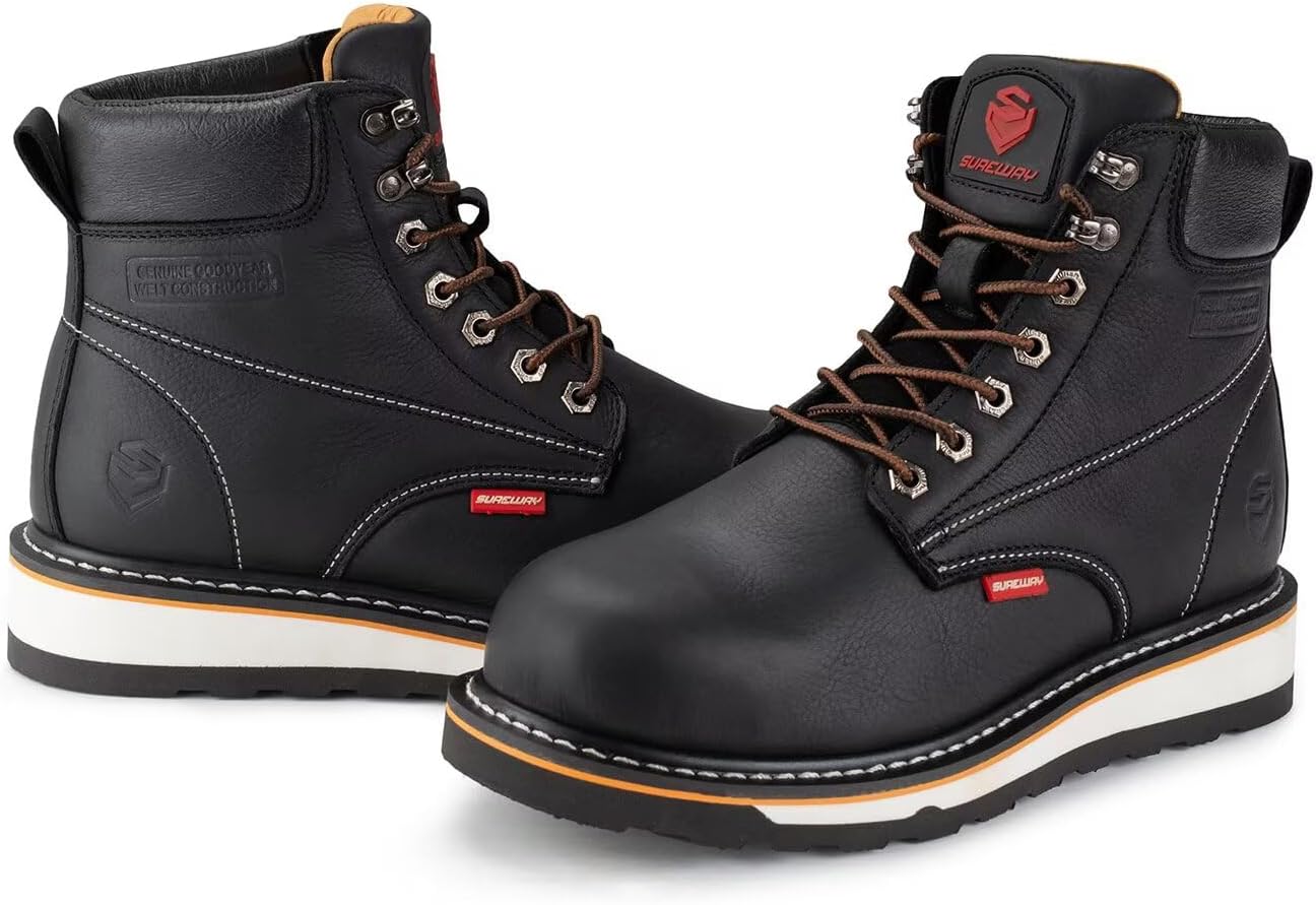 SUREWAY 6” Mens Heavy Duty Soft/Steel Toe Work Boots for Men,Goodyear Welt,Extremely Comfortable Durable Proved,Oil/Slip Resistant,Thicker Leather,Wedge Sole,EH Safety Industrial Construction Boots - Image 5