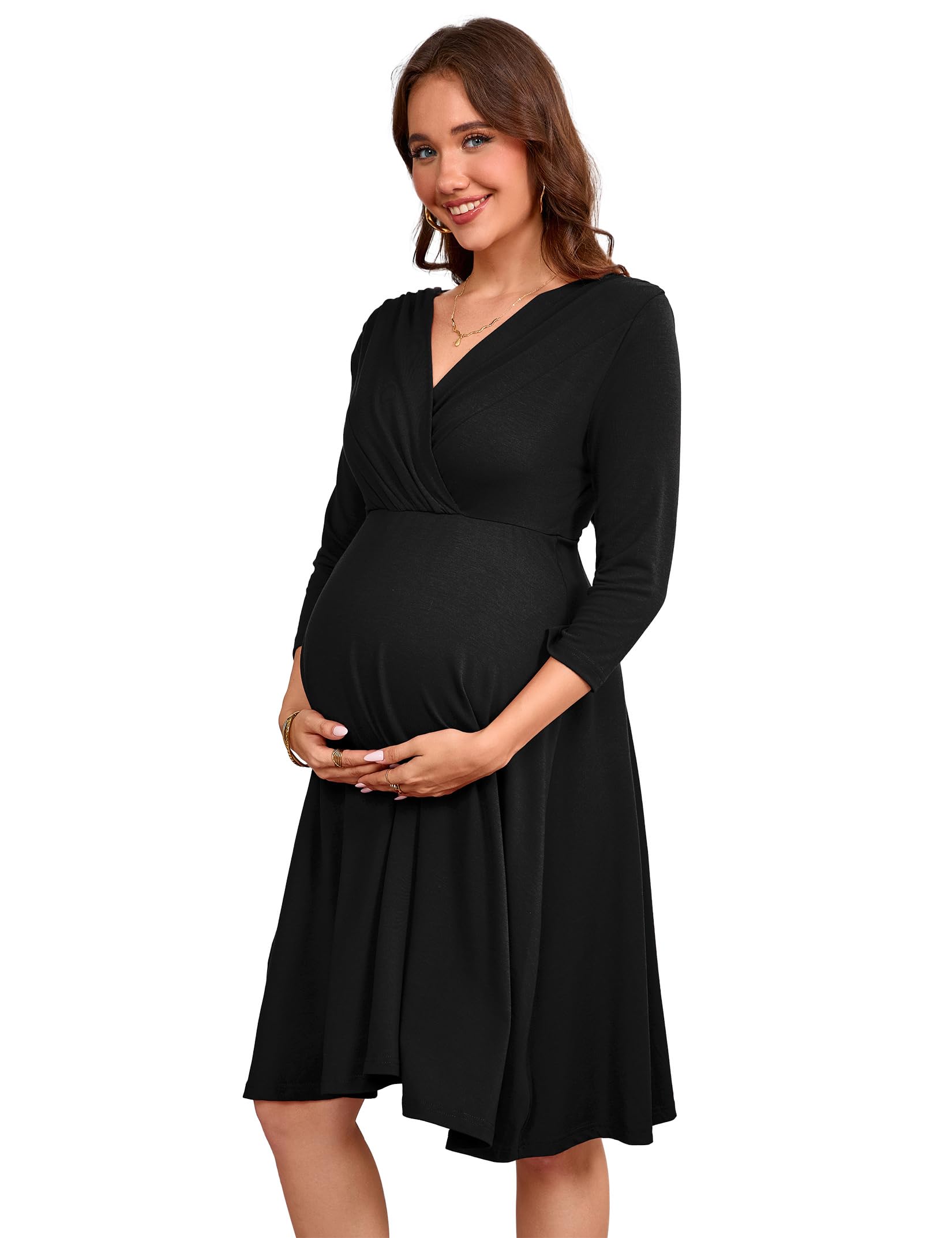 YesFashion Robe de maternité, col en V, taille haute, robe de grossesse, robe confortable pour les femmes enceintes