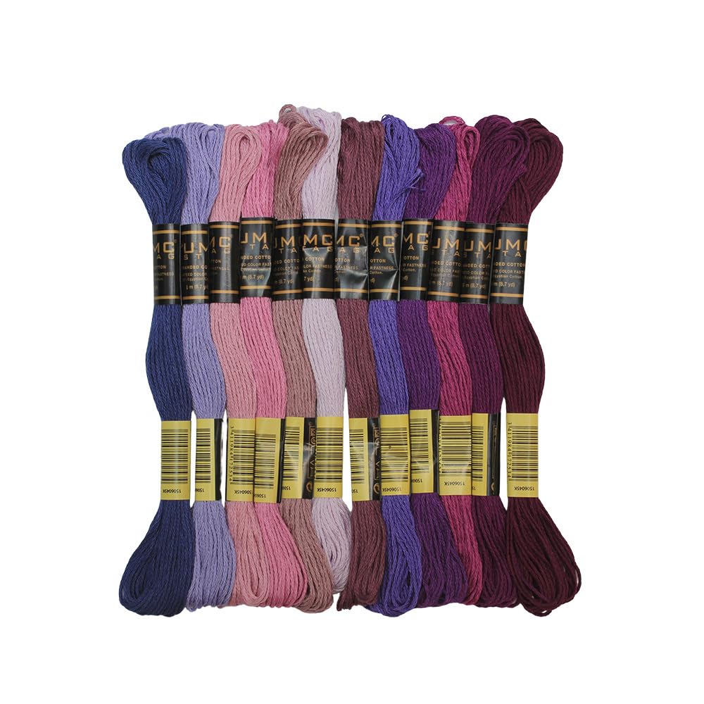 New UMC STAG 12 Pieces | Premium Embroidery Thread | 100% Egyptian Cotton Premium Skeins | Cross Stitch Embroidery Floss | Oeko TEX Certified Stranded Cotton (Purple Tones)