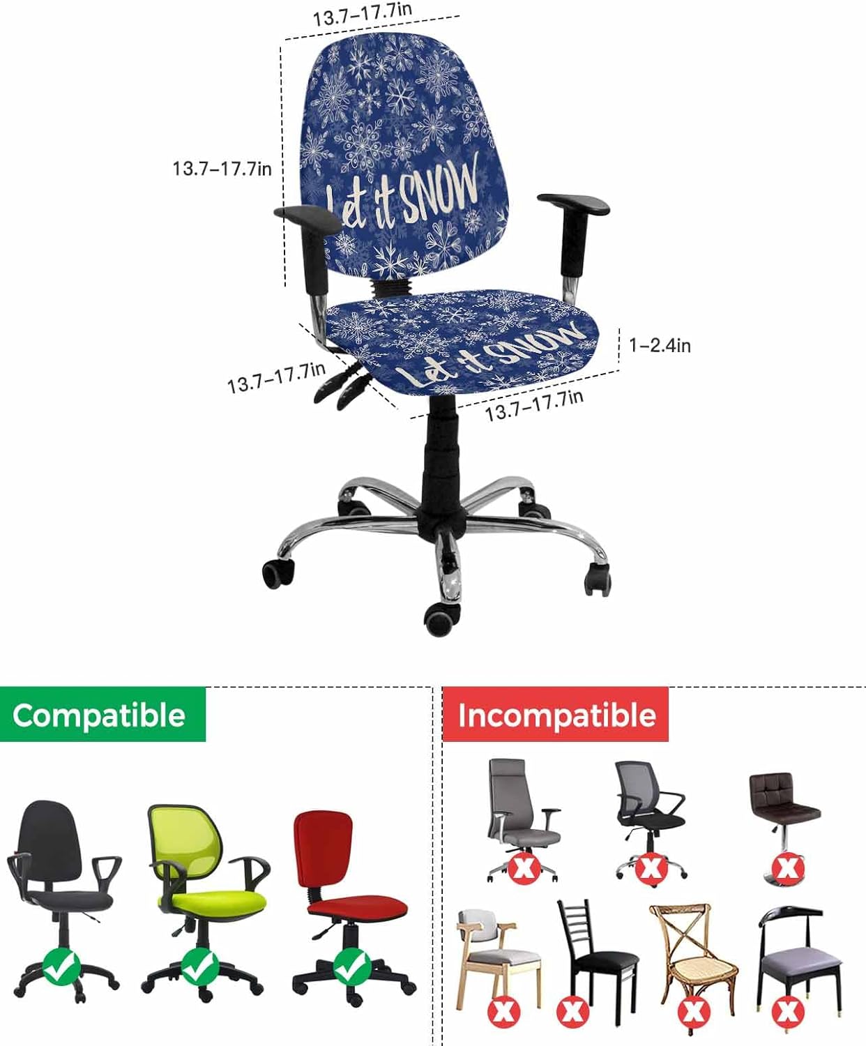 Snowflake Blue Office Chair Cover 2 Piece, Christmas Winter Xmas Festival Modern Stretch Elastic Computer Desk Rotating Chair Seat Back Covers, Stretchable Chair Slipcover Protectors Cover