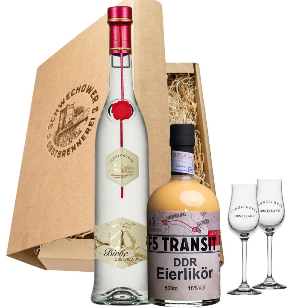 Schnapsgeschenk Nr. 15264 | Williams Birnenbrand 0.5l (40% Vol) + DDR-Eierlikör Original (F5) 0.5l (18% Vol) + 2 Gläser in Geschenkkarton mit Goldprägung | Schwechower Brennerei (1229)