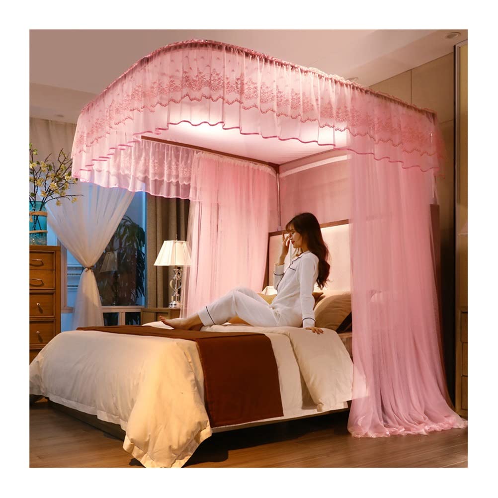 GTHTUHFD European Luxury Bed Canopy Mosquito Net With U-Shaped Metal Bracket, Bedroom Romantic Decorative Bed Curtains,Pink-1-180X220CM