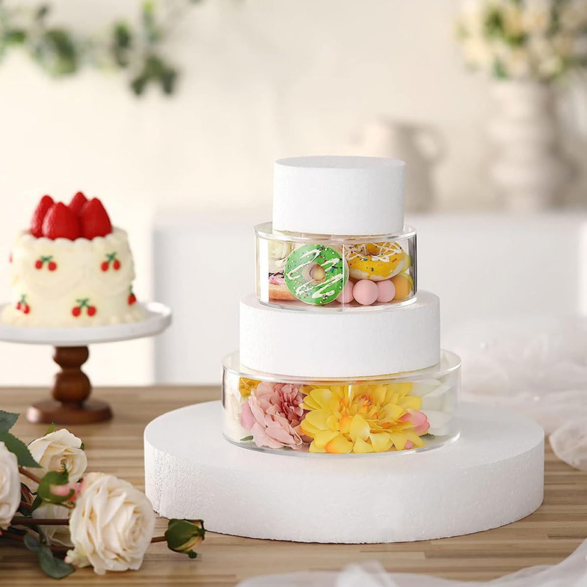 2 Stück Durchsichtige Befüllbare Runde Acryl Tortenständer für Hochzeitsfeiern und Partys mit Einzigartigem Design und Eleganter Atmosphäre zum Halten von Kuchen und Obst