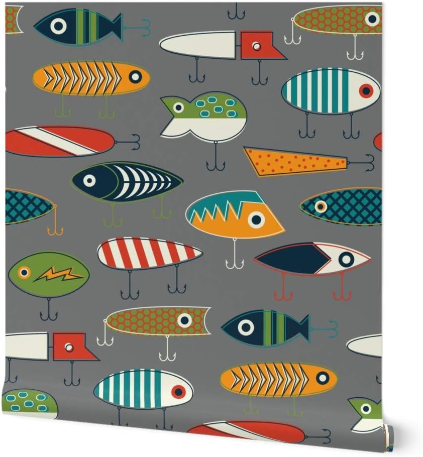 Peel & Stick Wallpaper 12ft x 2ft - Geometric Fishing Lures Gray Fish Fishing Hook Lure Lake River Fish Custom Removable Wallpaper by Spoonflower