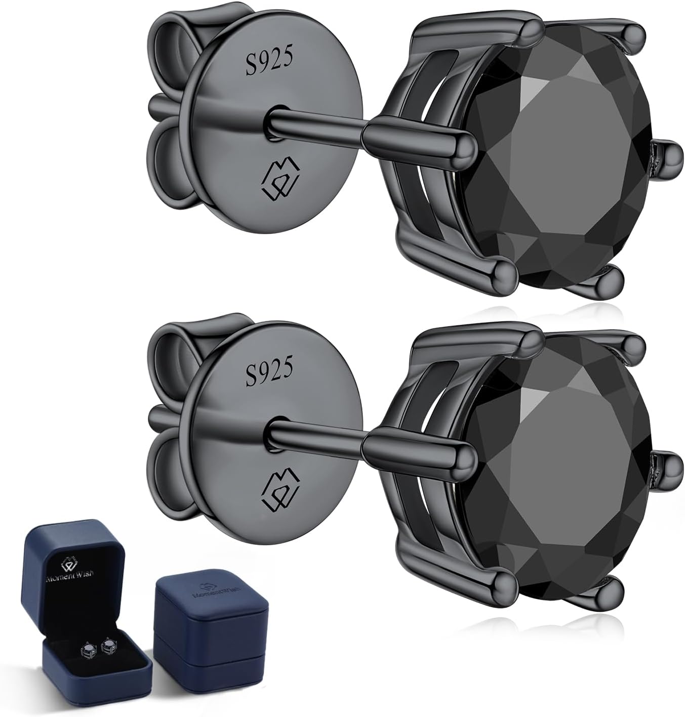 MomentWish Black Moissanite Stud Earrings, Moissanite Earrings for Women Men, D Color VVS1 Simulated Diamond 925 Sterling Silver Solitaire/Halo Studs