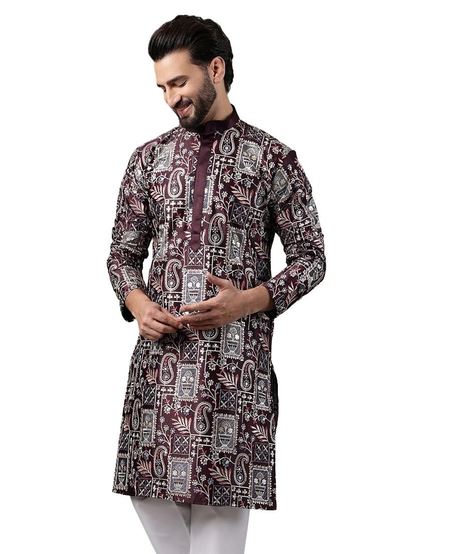 sojanya (Since 1958 Men's Cotton Floral & Sequin Embroidered Long Kurta-picture-18