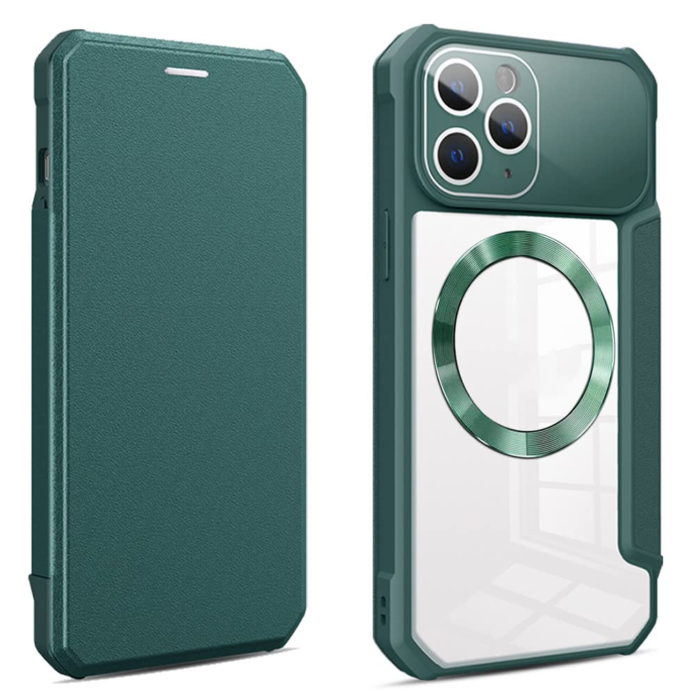 Housse en cuir à rabat magnétique pour iPhone 14 étui de charge vert foncé - 8