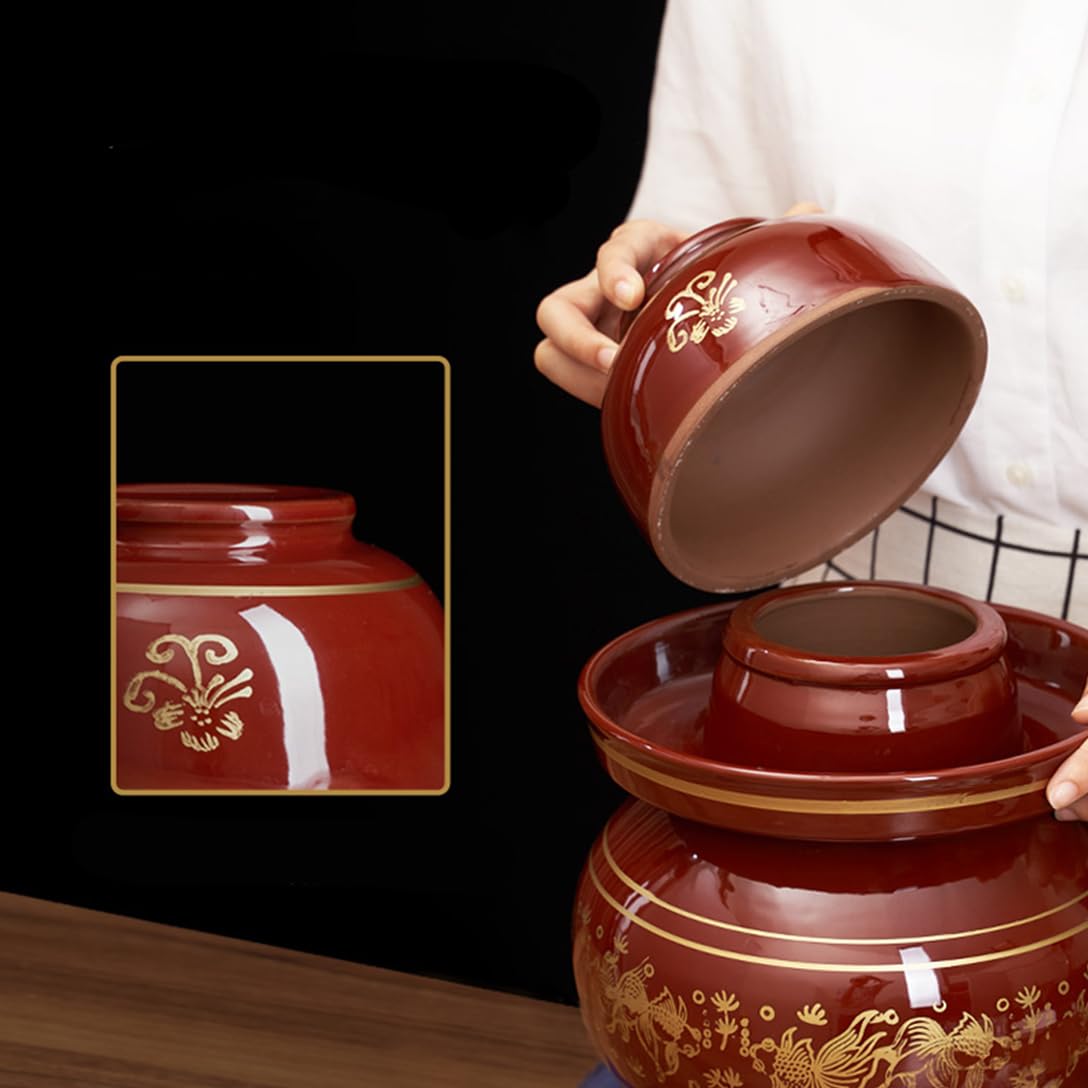 Ceramiczny słoik na marynaty z pokrywkami, duży czerwony tradycyjny chiński porcelanowy słoik do marynowania, ceramiczny garnek fermentacyjny z uszczelką wodną pokrywką śluzy powietrznej, garnek z
