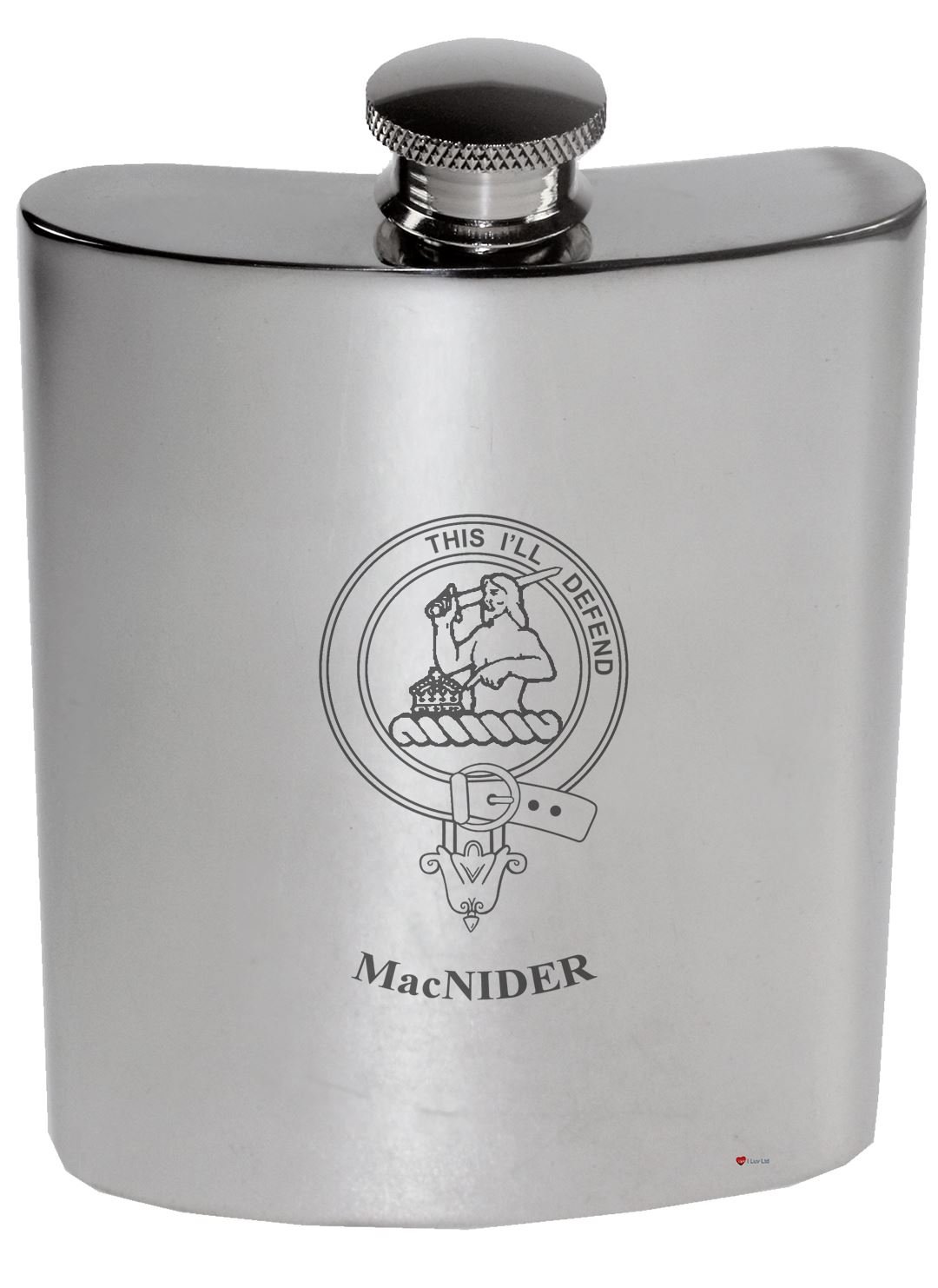 Flacon de rein en étain poli MacNider 6 oz fiole de poche héraldique