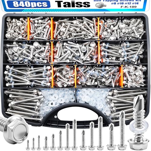 Taiss 840PCS #8#10#12#14 Self Tapping Screws for Metal,410 Stainless Steel Metal High-Strength Quick Sheet Metal Screws,Hex Washer Head Self Drilling Screw with 420PCS Rubber Washer