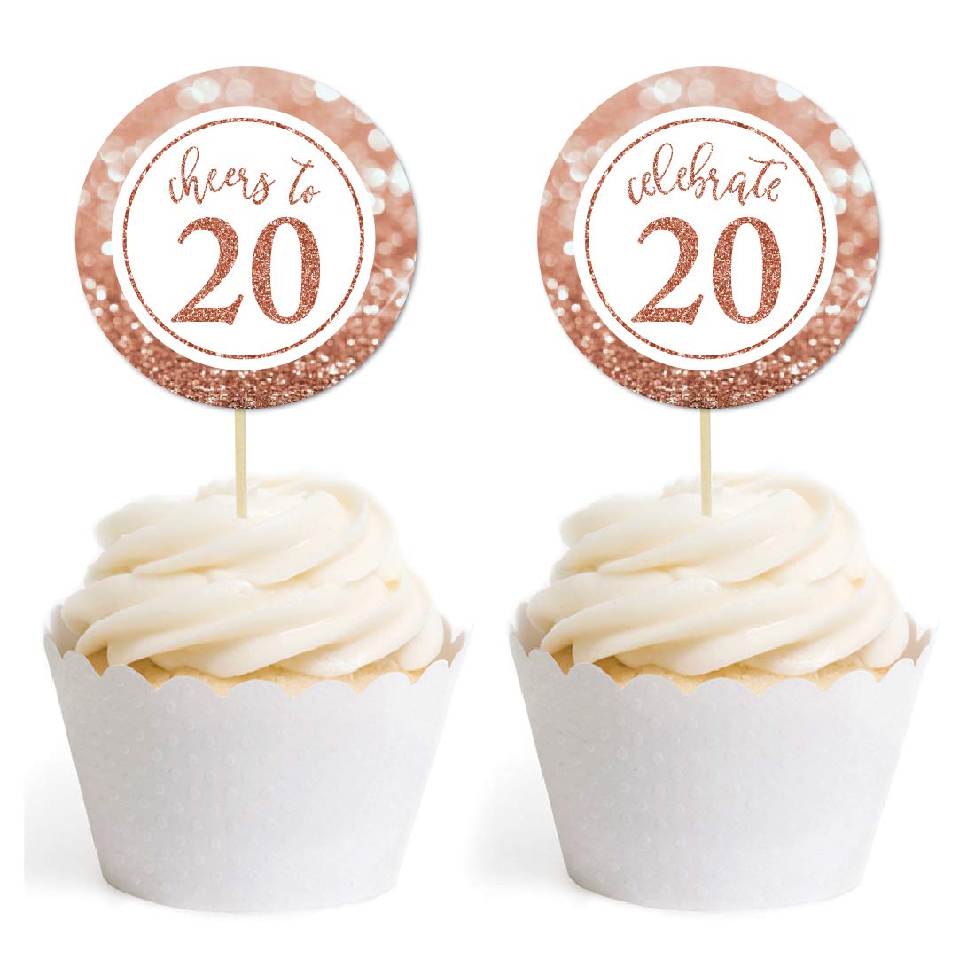 Andaz Press Glitzy Faux Rose Gold Glitter Round DIY Cupcake Toppers, Cheers to 20 Years, 20th Birthday or Anniversary, 20-Pack, Cake Dessert Party Decor