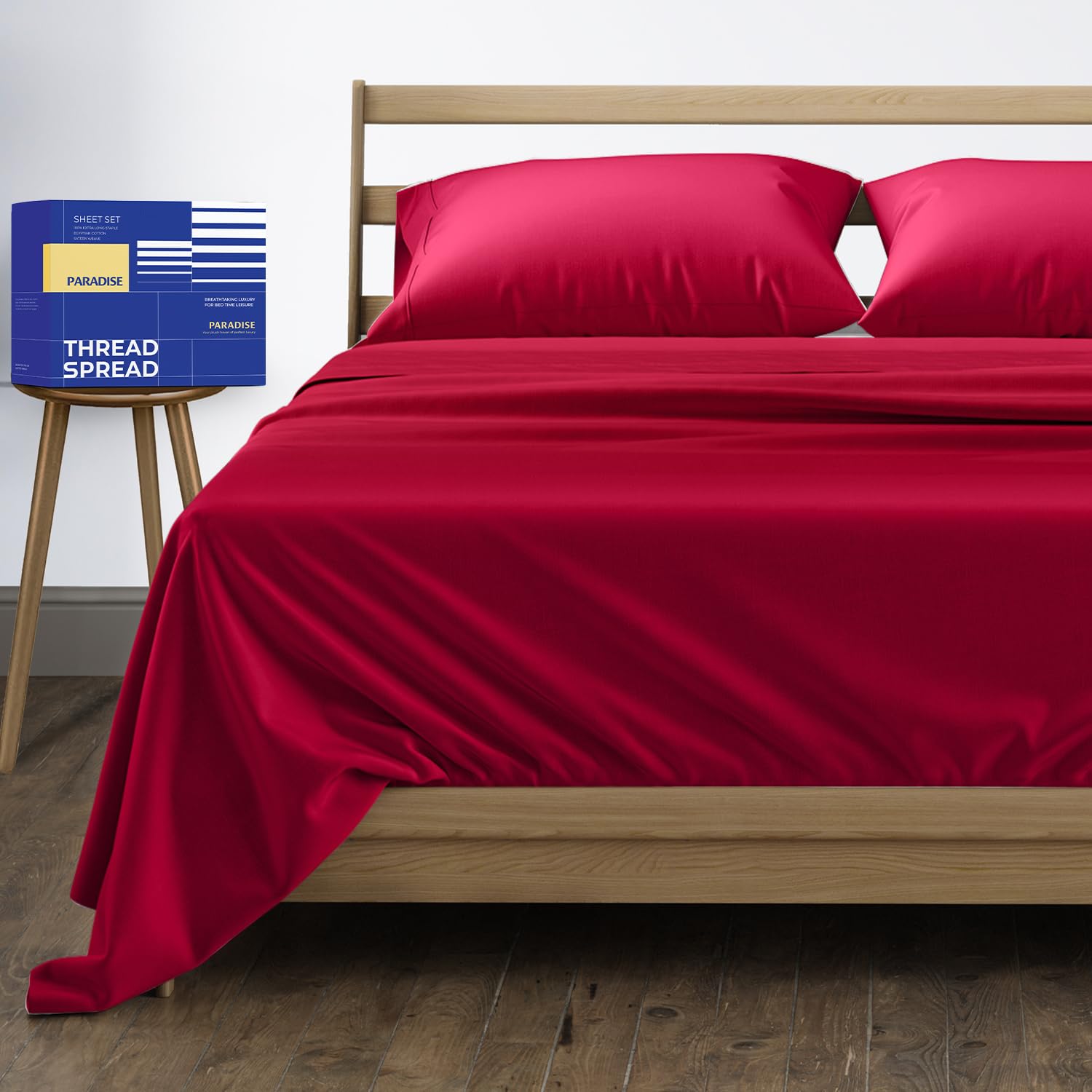 THREAD SPREAD 100% Egyptian Cotton King Size Sheets Set - High Thread Count Bed Sheets King Size Deep Pocket 16" (4 PC, Red), Soft, Cooling, Extra