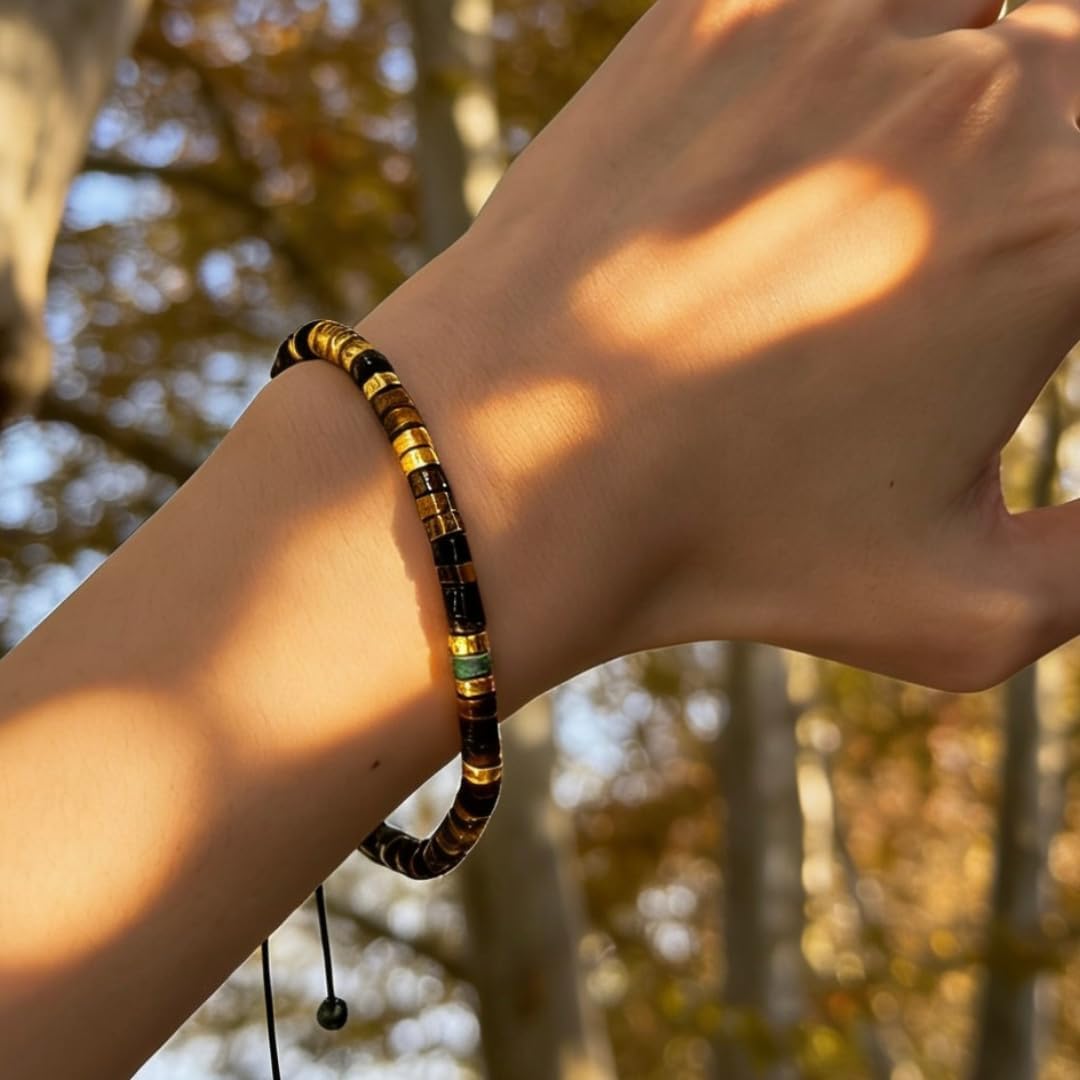 RealThing Morse Code Bracelet for Women – Adjustable Natural Tiger Eye & African Turquoise Beaded Wrap Bracelet, Stackable Motivational Jewelry with Hidden Message Gift