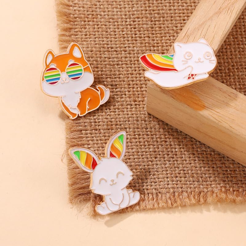 5Pcs Cute Little Animal Theme Brooch Pin Rainbow Color Pattern Rabbit Fox Frog Alloy Brooch Enamel Pin Badge LGBT Pride Month Clothes Ornament3