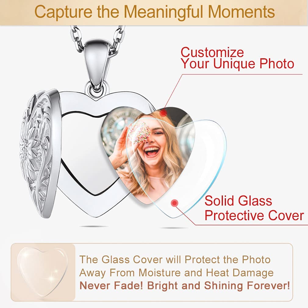 Custom4U Collana S925 Argento Antiallergico 1/2 HD Foto Personalizzato con Nome Fiore Girasole Collana Commemorativo per Mamma Amici Famiglie Oro Placcato 41/46/55 CM