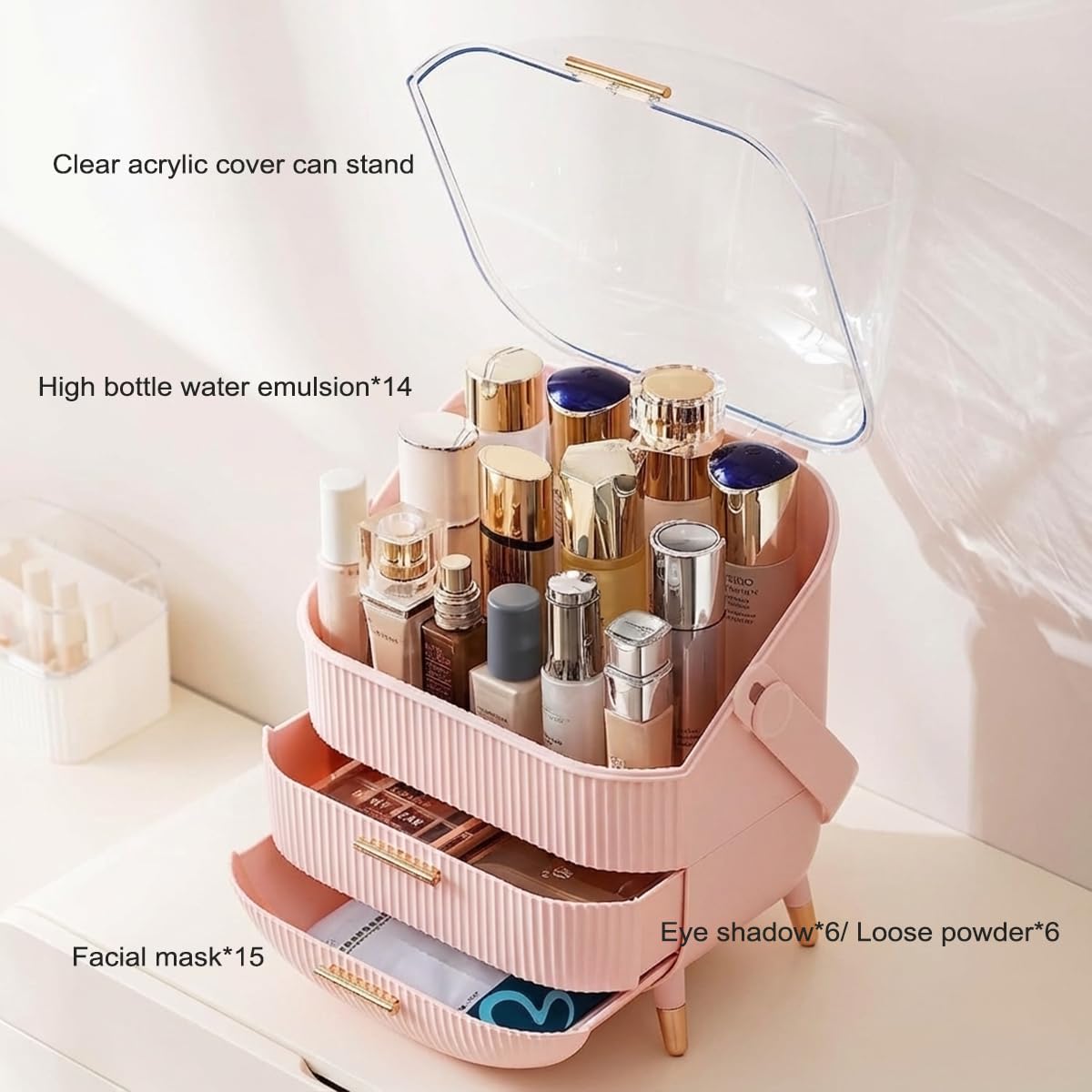Make Up Organizer Kosmetik Aufbewahrungsbox Rosa tragbar für Schminktisch Badezimmer
