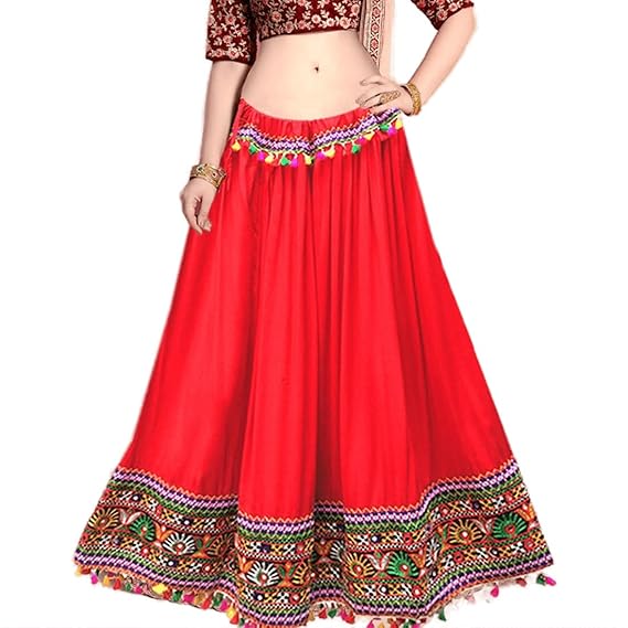 Kutchi Embroidered Border Ethnic Gujarati Style Cotton Rayon Long Skirt/Chaniya