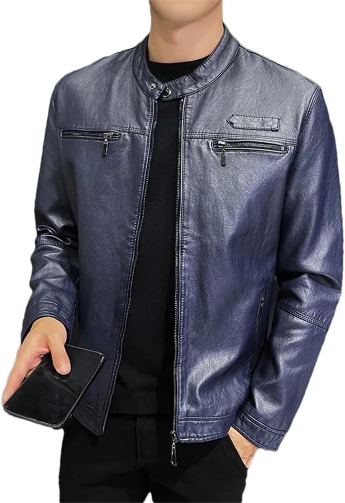 Casual Motorcycle Windbreaker Zip Stand Up Collar Faux Leather Jacket Coat for Men Solid Slim Wool Liner Coat