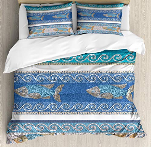 Ambesonne Mosaic Duvet Cover Set, Style Byzantine Ceramics Inspired Maritime Fractal Fish Pattern Art, Decorative 3 Piece Bedding Set with 2 Pillow Shams, Queen Size, Slate Blue