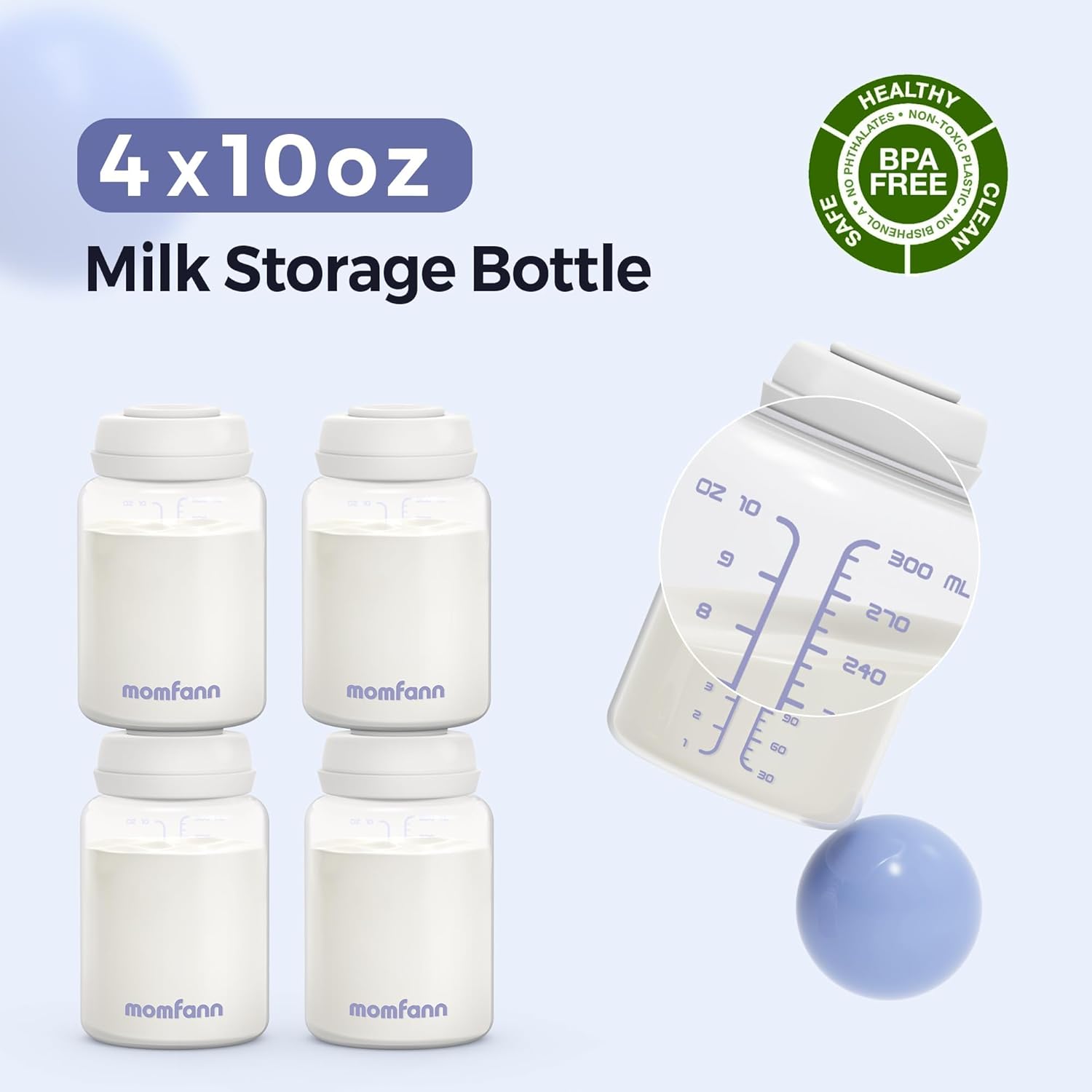 Breastmilk Storage Bottle 4 Pack, 10oz Milk Storage Bottle – Wide-Neck Fit for Most Nipples, Leak-Proof, BPA-Free, for Fridge & Travel - Image 3