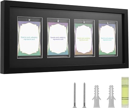 Wooden 4 Card Display Frame for Trading Cards, Wall Mounted PSA Graded Card Display Case, Sports Card Holder Wall Rack for Baseball, Football, TCG & Autograph Cards, Includes Hardware, Black, 42x19cm
