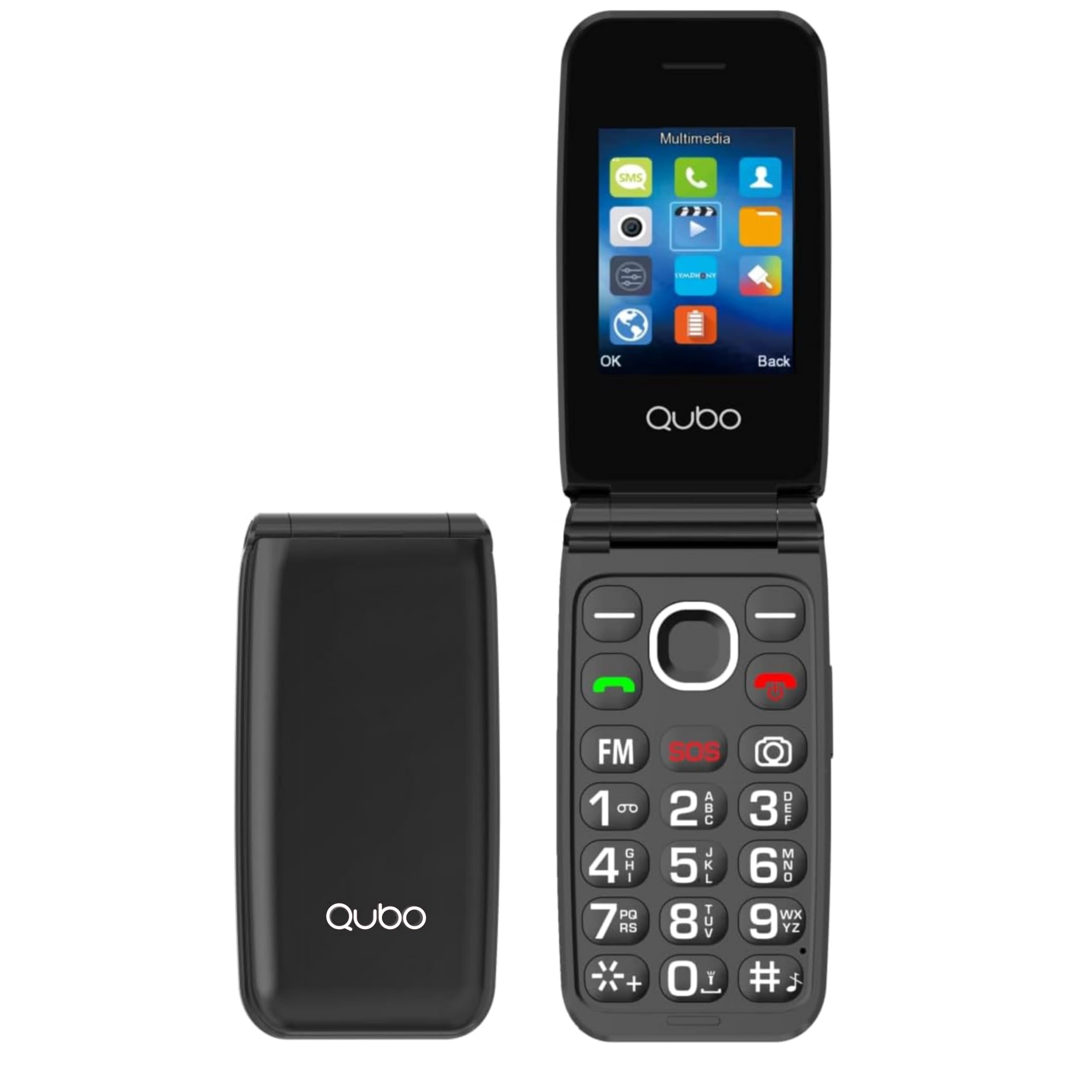 Teléfono móvil Qubo GSM para personas mayores, teléfonos móviles plegables con teclas grandes, volumen alto, función SOS, 2,4", contactos con imágenes, llamada rápida, móvil para personas mayores negr
