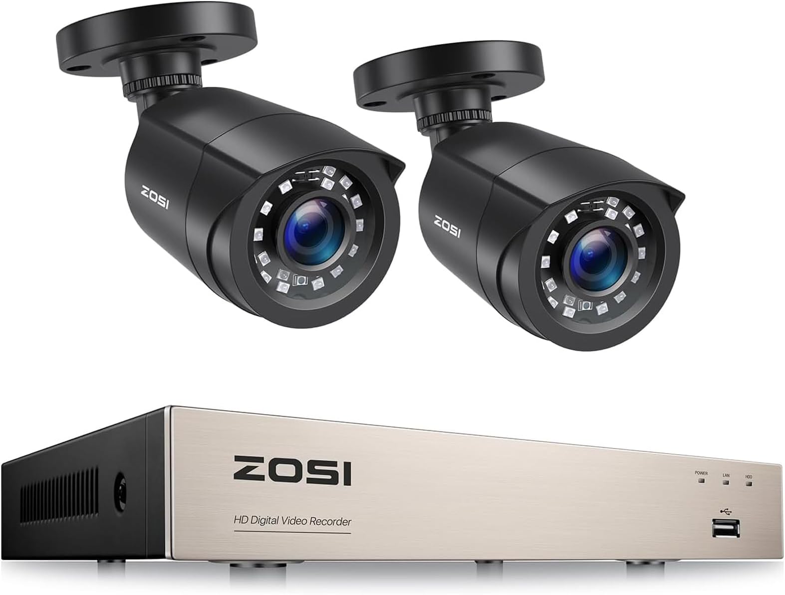ZOSI CCTV Home Security Camera System, 8CH H.265+ 5MP DVR Recorder with 2pcs 1080p Outdoor Surveillance Camera, Human Vehicle Detection, Email Alert, 80ft Night Vision, IP66 Waterproof, No Hard Drive