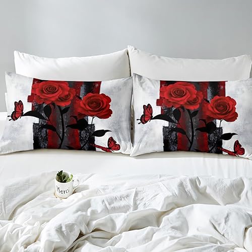Miniatura 5 de Juego de sábanas de rosas rojas tamaño Queen, juego de ropa de cama grunge negro y blanco degradado para adultos, sábana bajera de acuarela vintage,