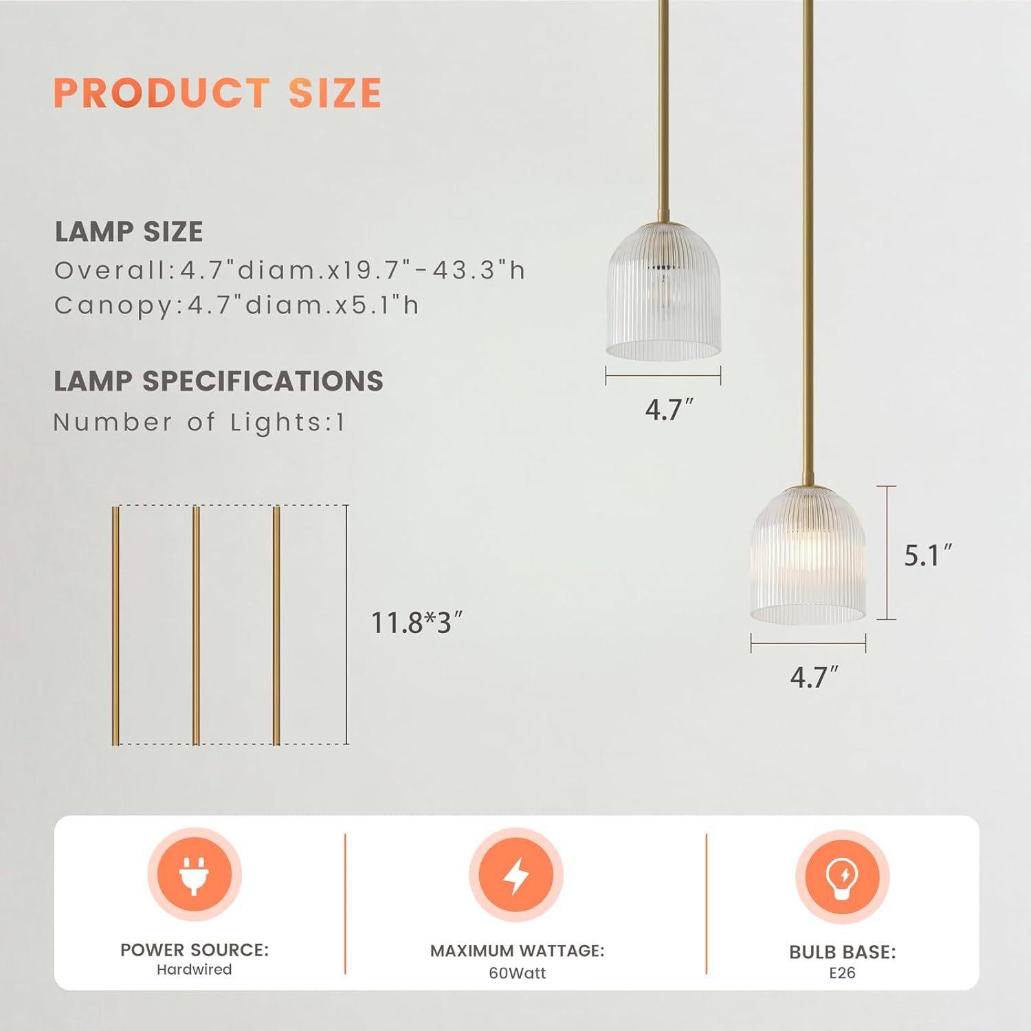 Ribbed Glass Pendant Light Fixture 5 Inch- Clear Vintage Industrial Shade, Adjustable Canopy for Sloped Ceilings, Kitchen Island Lighting, Dining Room & Home Decor Hanging (4.7" Dia x 5.1" H)