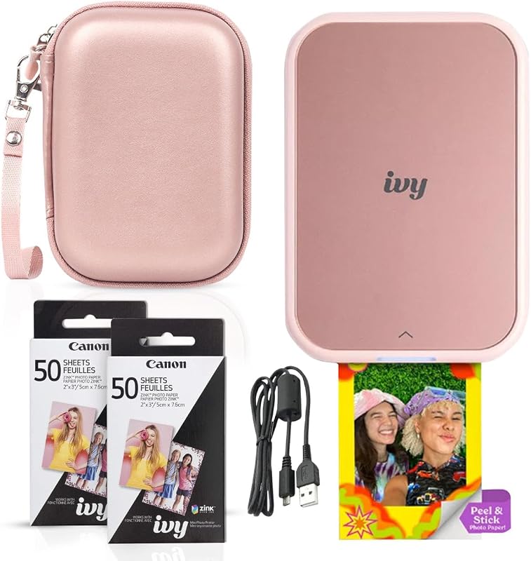 Mini impresora fotográfica Ivy 2 (rosa rubor): Bluetooth, impresión desde dispositivos iOS y Android, paquete con 110 impresiones adhesivas Zink, barra de luz LED, funda protectora y cable USB