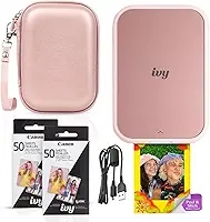 Canon Mini impressora fotográfica Ivy 2 (rosa blush) - Bluetooth, impressão de dispositivos iOS e Android, inclui 110 impressões Zink Sticky-Back, barra de luz LED, capa protetora e cabo USB