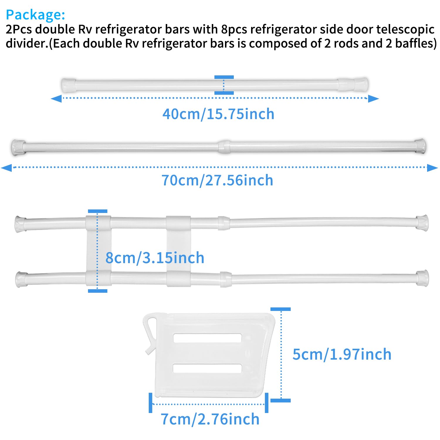 2 Piezas Barras de Frigorífico RV Extensible a 40-70cm con 8 Piezas Separadores de Refrigerador para Asegurar Alimentos y Bebidas en Caravanas y Casas Rodantes