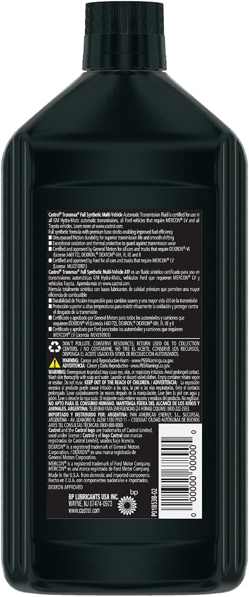 Castrol Transmax Full Synthetic Multi-Vehicle Automatic Transmission Fluid, 1 Quart, Pack of 6