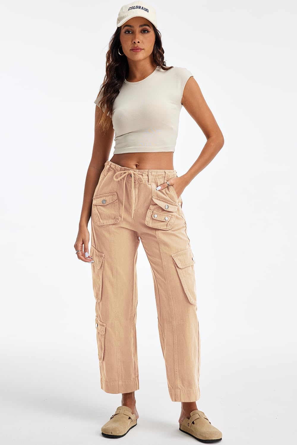 Cargo Pants for Women Low Rise Drawstring Waist 7 Pockets Hiking Work Wide Leg Pants with Zipper Button Closure Khaki - Image 7