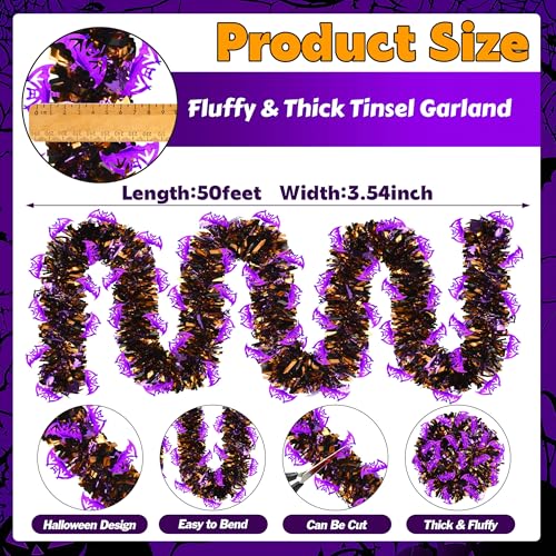 Image of 50 FT Halloween Tinsel Garland, Glitter Tinsel Garlands with Black Orange Purple Bat, Metallic Holiday Hanging Streamers for Halloween Party Supplies Indoor Outdoor Decoration