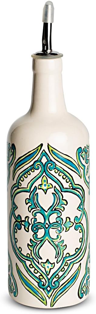 Thyme Ceramic Hand Painted Oil Bottle, White & Green, 350ml