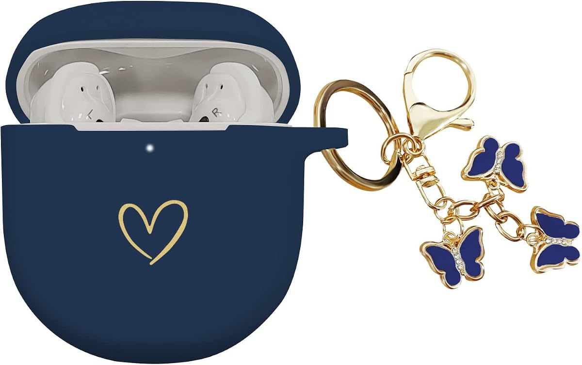 Compatible con Bose QuietComfort Earbuds II 2022, funda de silicona suave con patrón de corazón dorado para Bose QC II con lindo llavero de mariposa para niñas y mujeres (azul medianoche)