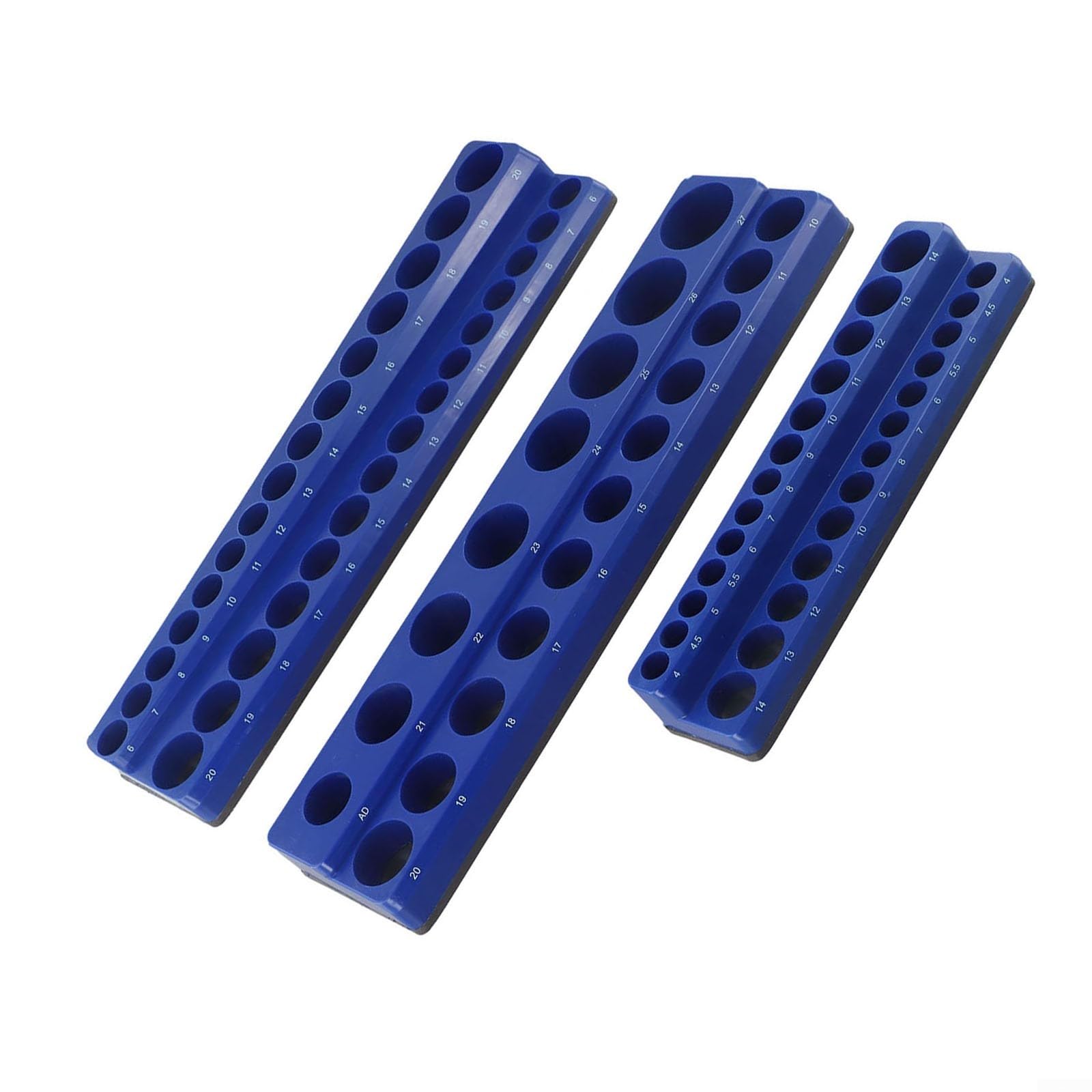 Supporto organizer per chiavi a bussola per chiavi a bussola metriche e SAE da 1/4", 3/8" e 1/2", vassoio magnetico in plastica con base antigraffio gommata, set da 3 pezzi (blu)