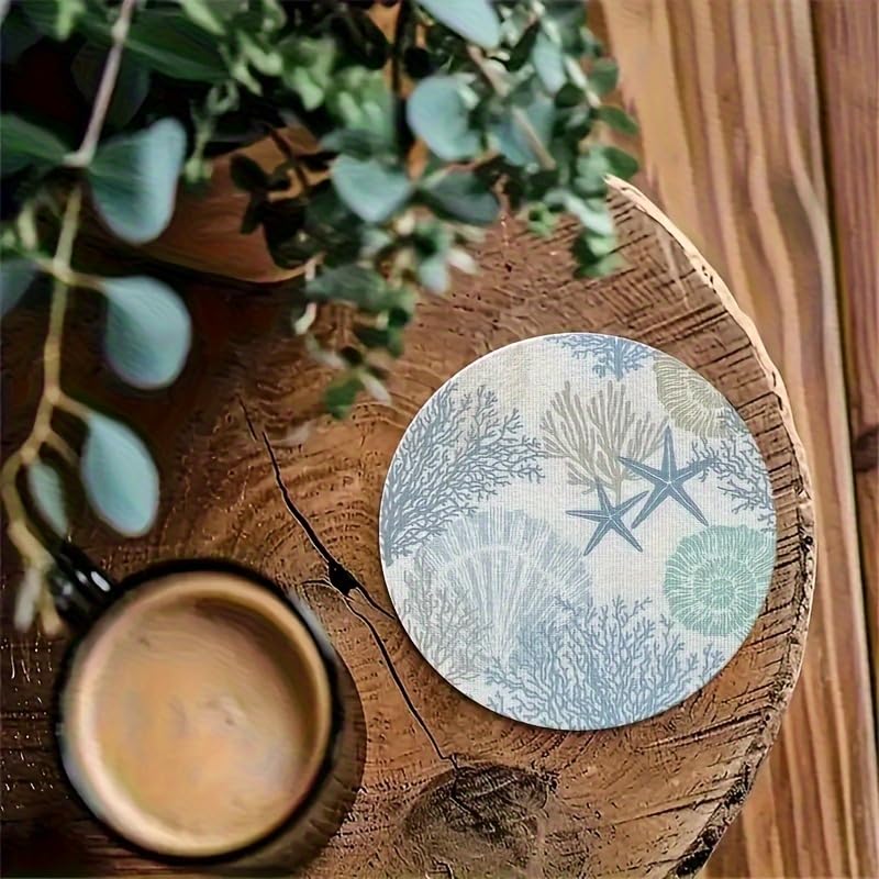 Image of 6pcs Coral Wooden Coaster Set- 4inch Round with Starfish and Patterns, Suitable Hot and Cold Beverage, Coffee Table Decoration, Home Housewarming, Ocean Theme Decoration, Surface,