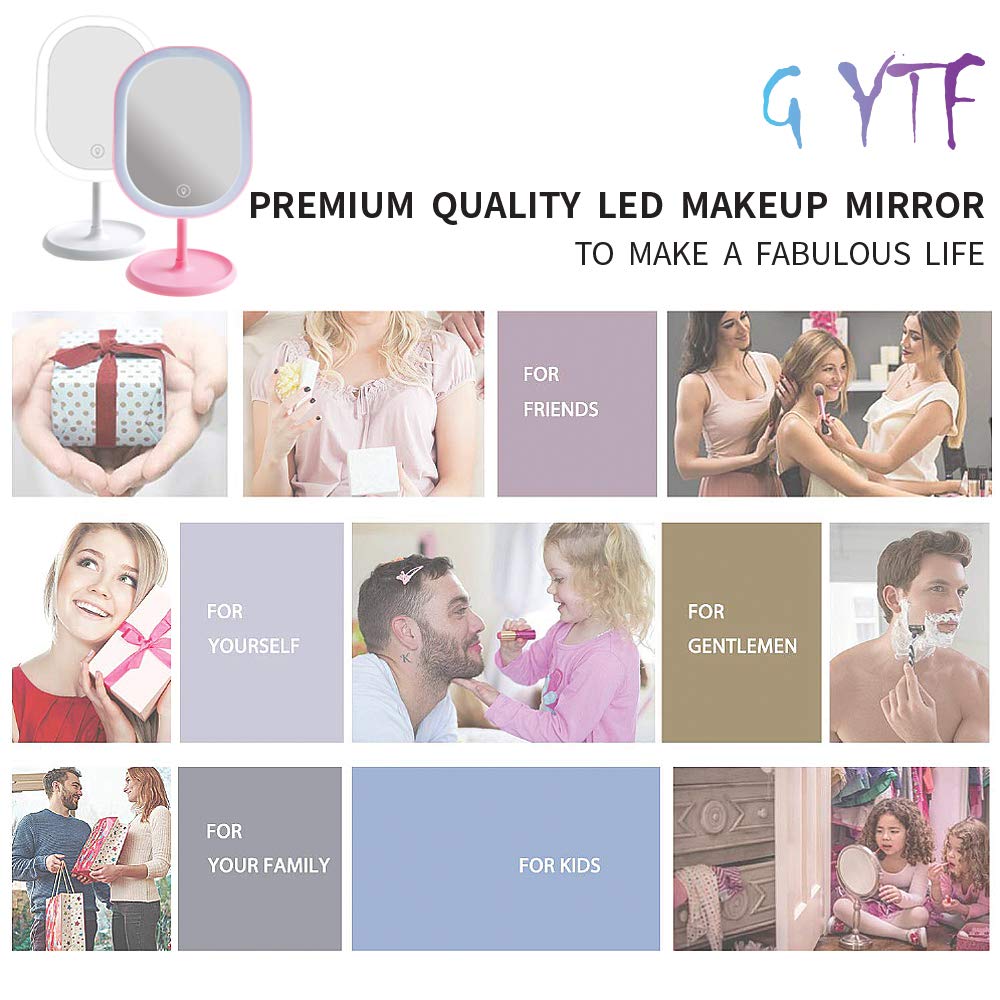 GYTF Lighted Makeup Mirror, Portable Desk Vanity Mirror with Lights,Brightness Adjustable & Built-in Large Capacity 1000mAh Rechargeable (Pink)