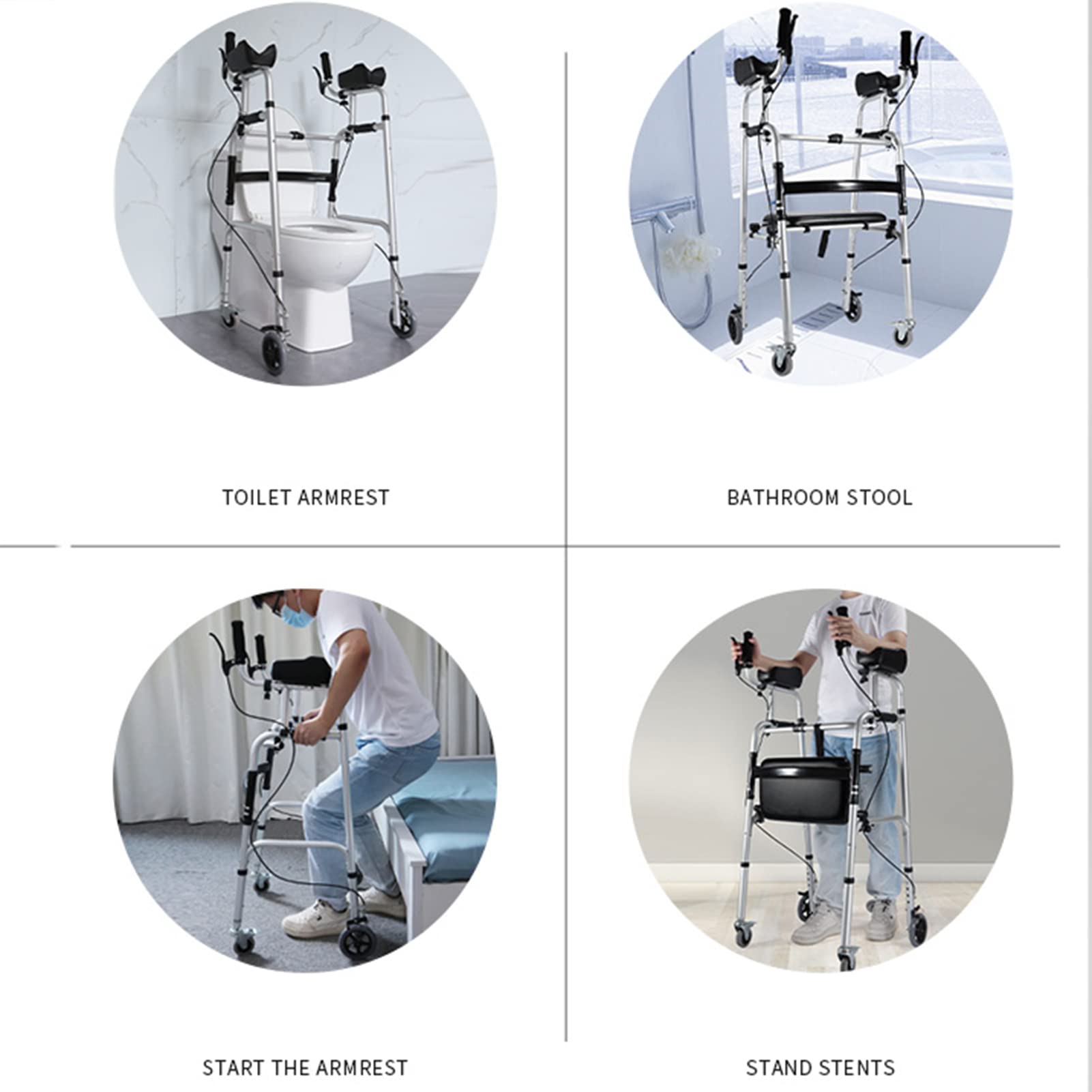 Soporte de marco para caminar para adultos, soporte vertical para antebrazo con ruedas y soporte de reposabrazos desmontable, aleación de aluminio para ancianos y discapacitados