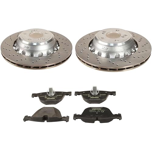 SHW Performance Made in Germany OEM Rear 2 Piece Lightweight Composite Drilled Vented 385mm Brake Disc Rotors and Textar Pads Set Kit for BMW F85 X5 M F86 X6 M