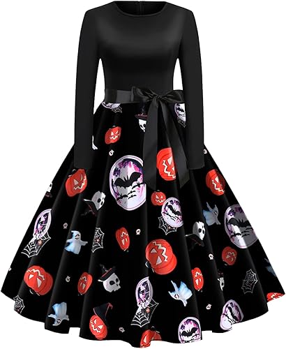 Vestidos de Halloween para mujer de manga larga vestido de cóctel swing esqueleto calabaza impreso fiesta de disfraces disfraz para fiesta