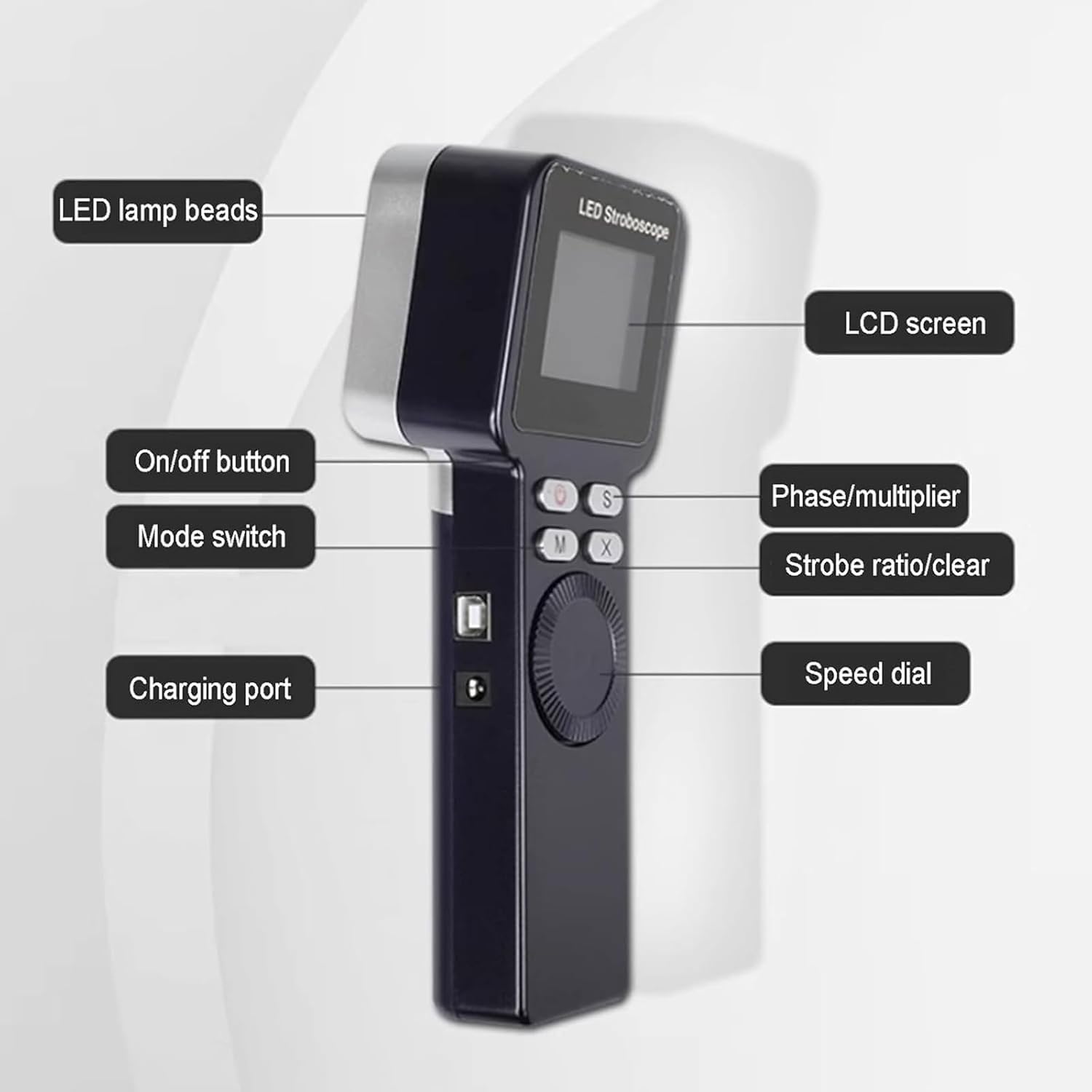 JOSBY Tacómetro Digital LED con luz estroboscópica, estroboscopio portátil de 1 a 999999 RPM, iluminancia de 1500 Lux, precisión de medición del 0,001%, analizador de Velocidad de Motor sin Contacto