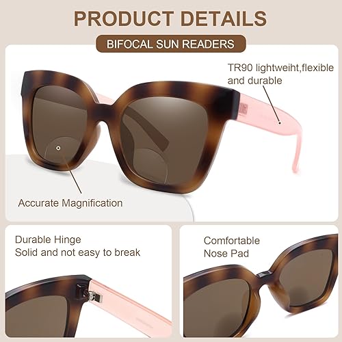 Miniatura 5 de Krooway Gafas de sol bifocales de lectura para mujer, TR90, de gran tamaño, cuadradas, UV400, lentes de lectura solar con bisagra de metal