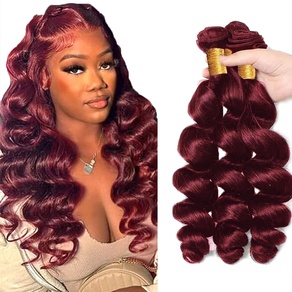 #99J Wine Red Bundles Human Hair Loose Wave Bundles 26 28 30 Inch Burgundy Loose Deep Wave Bundle Human Hair Extensions Unprocessed Brazilian Virgin Hair Double Weft 3 Bundle 50 Grams Per Bundle