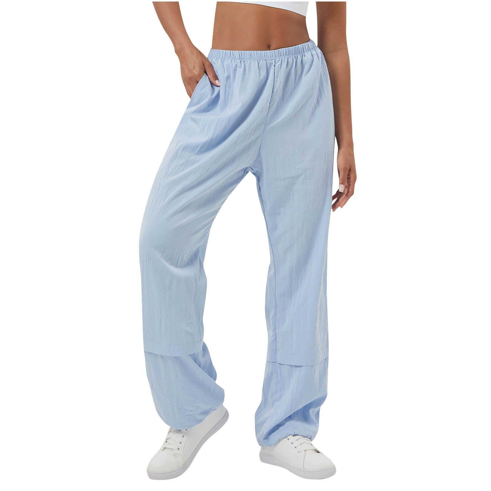 Women's Lightweight Cargo Sweatpants Casual Solid Color Elastic Waist Pants Athletic Baggy Long Pants with Pockets