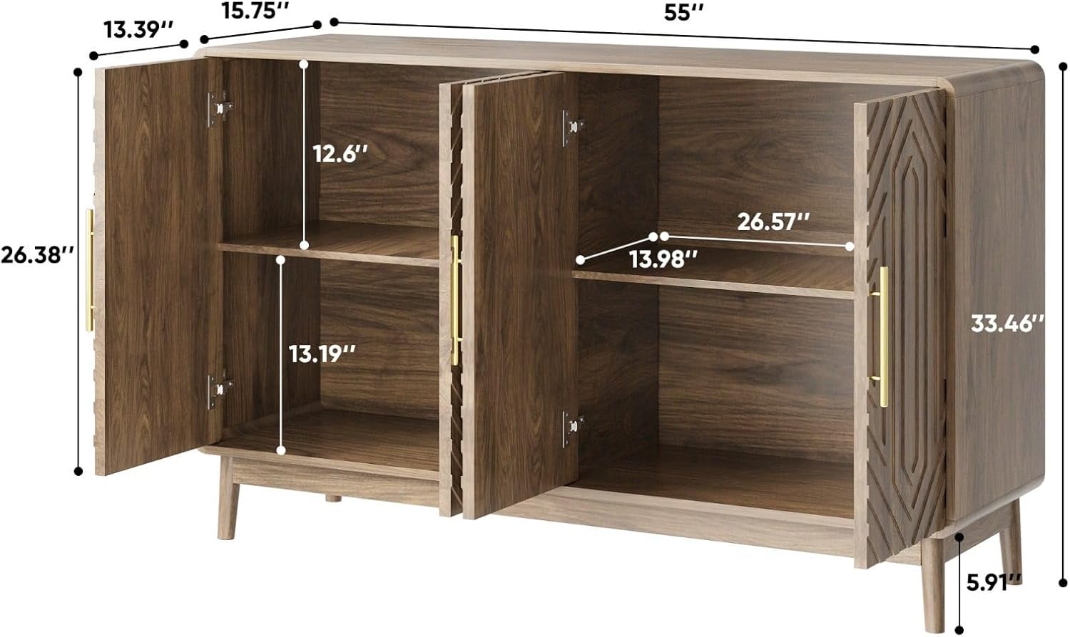 Mid-Century Modern Sideboard Buffet Cabinet with Storage, 55" Wood Credenza with Carved Door Design, Adjustable Shelves, Gold Handles, TV Stand Console for Living Room