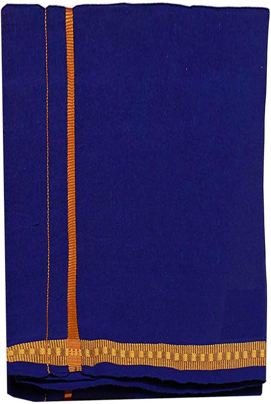 Kolakeer™ Men's Cotton Pentex Dhoti - Kerala Style Single Mundu with Golden Resham Border - 4 Mulam/1.9 Mtrs (Blue)